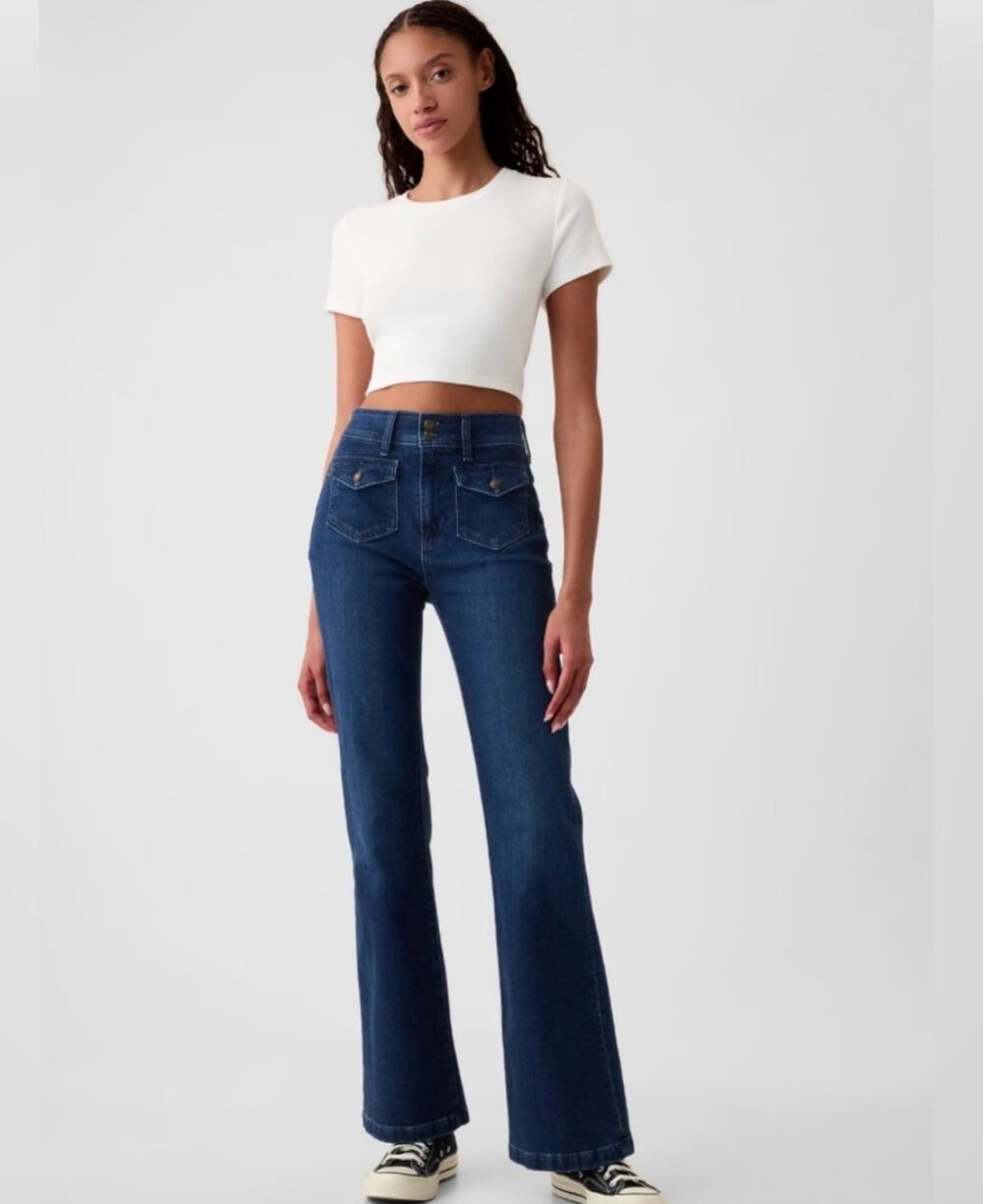 Gap 70s Flare High Rise Trouser Jeans 33 16 Flap Pockets Dark Wash